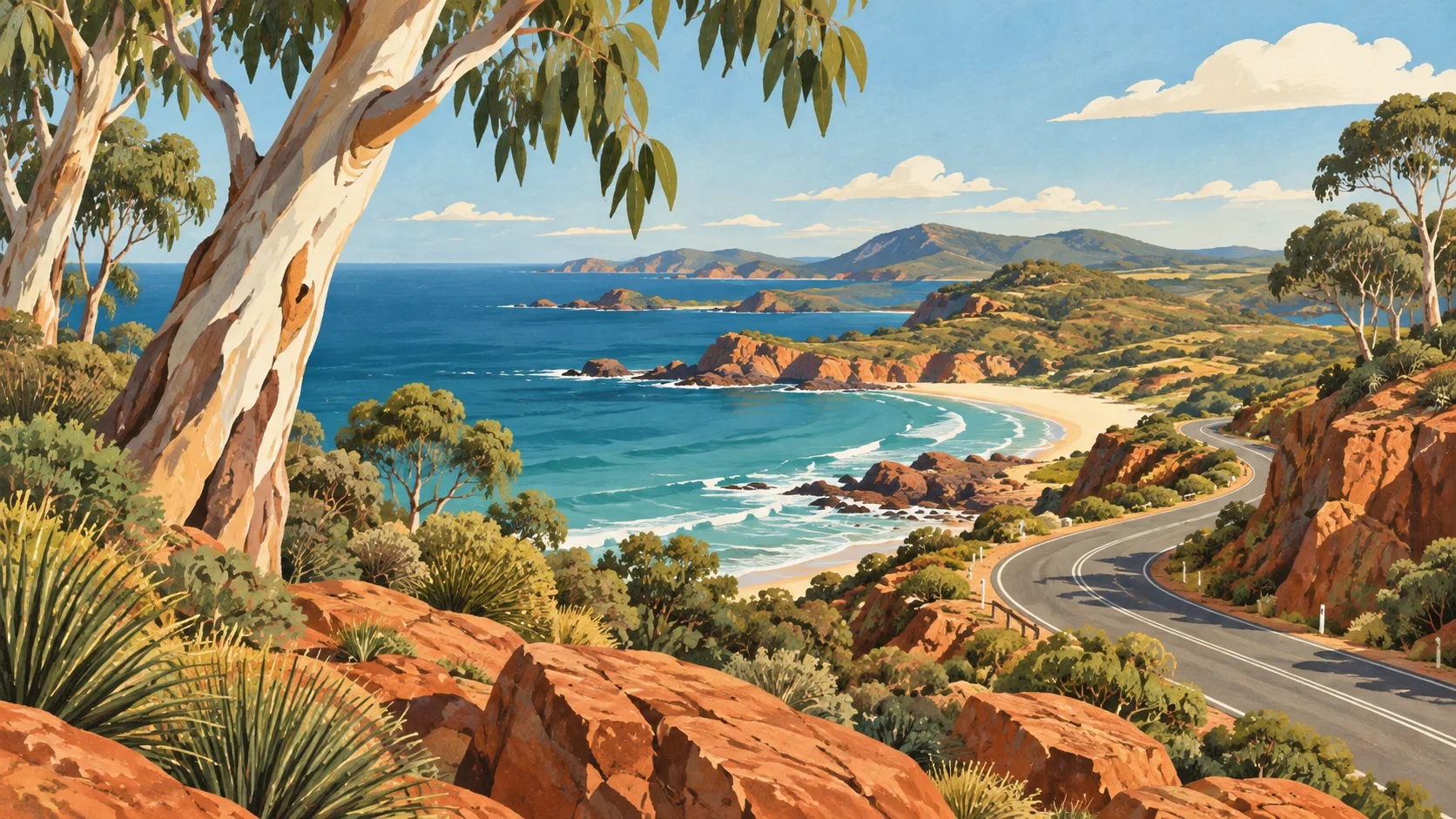 Editorial illustration of an Australian coastal landscape with eucalyptus, red rock and distant ocean.
