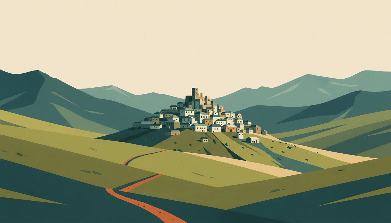 Editorial illustration of khinalug: a stone village stacked on a high Caucasus ridge with green pasture and one shepherd path.