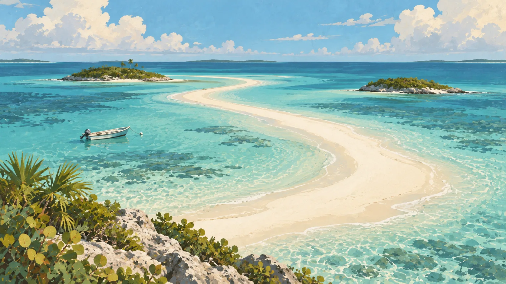 Editorial illustration of a pale Exuma sandbar curving through shallow turquoise Bahamian banks between small green cays.