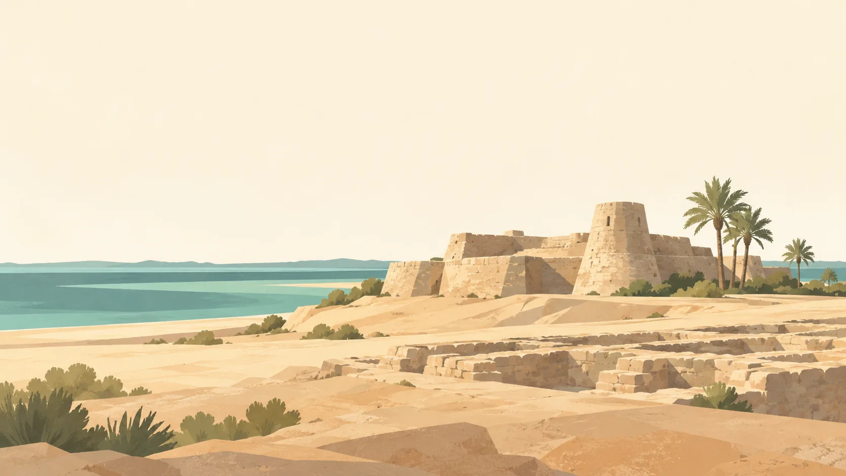 Editorial illustration of Bahrain's Qal'at al-Bahrain coastal fort in pale sand stone, a few date palms, a thin muted teal sea beyond, broad warm desert foreground. Recognizable low archaeological fort.