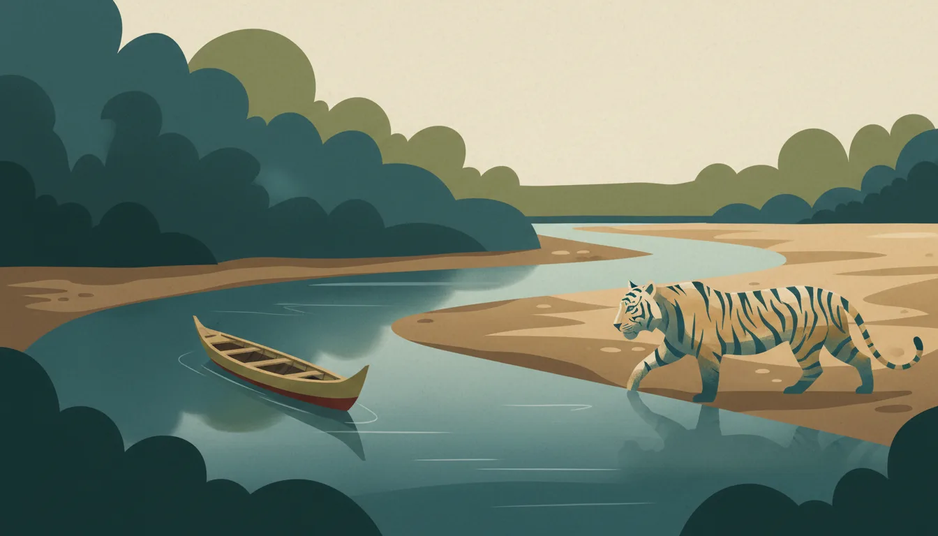 Editorial illustration of sundarbans: mangrove channels with a wooden country boat, a tiger hinted on the muddy bank.