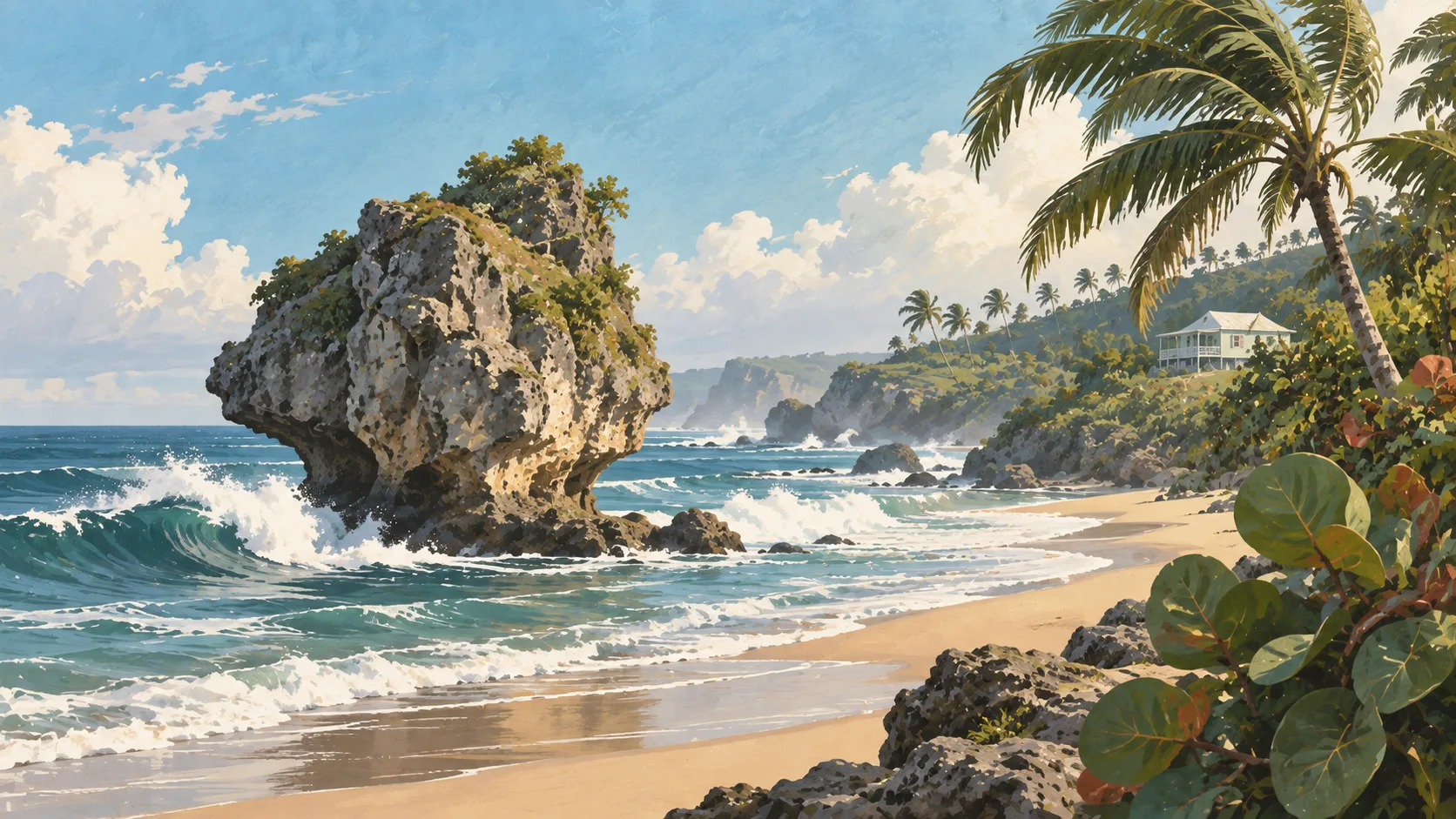 Editorial illustration of Bathsheba's coral-limestone sea stack, Atlantic surf, sea grape and a hillside chattel house.
