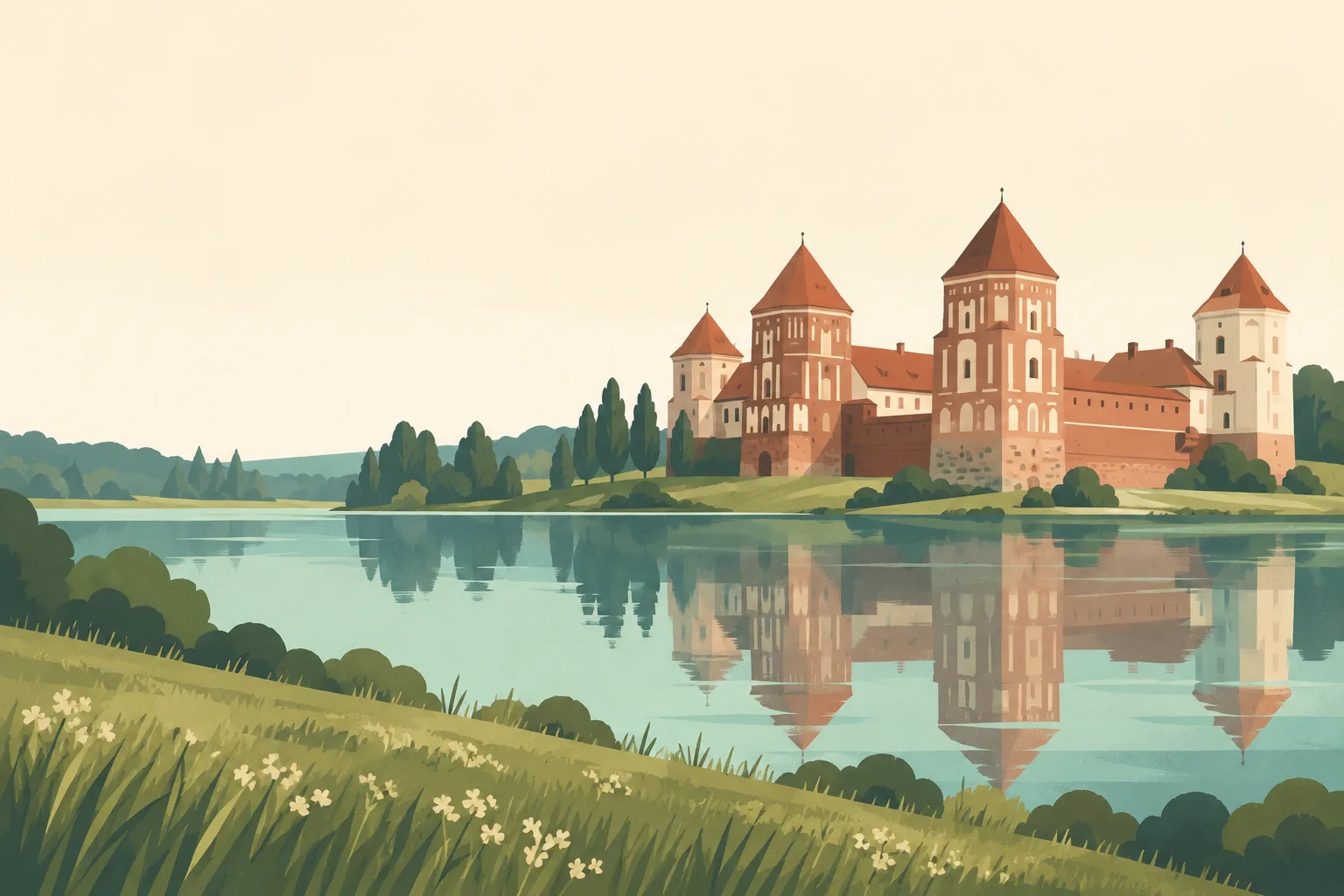 Editorial illustration: The warm red brick towers of Mir Castle in Belarus reflected in a still lake, broad meadow foreground and a pale cream sky.