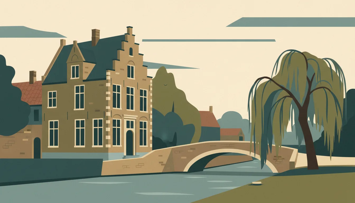 Editorial illustration of a stepped-gable brick house beside a quiet Bruges canal, a stone bridge and a willow.