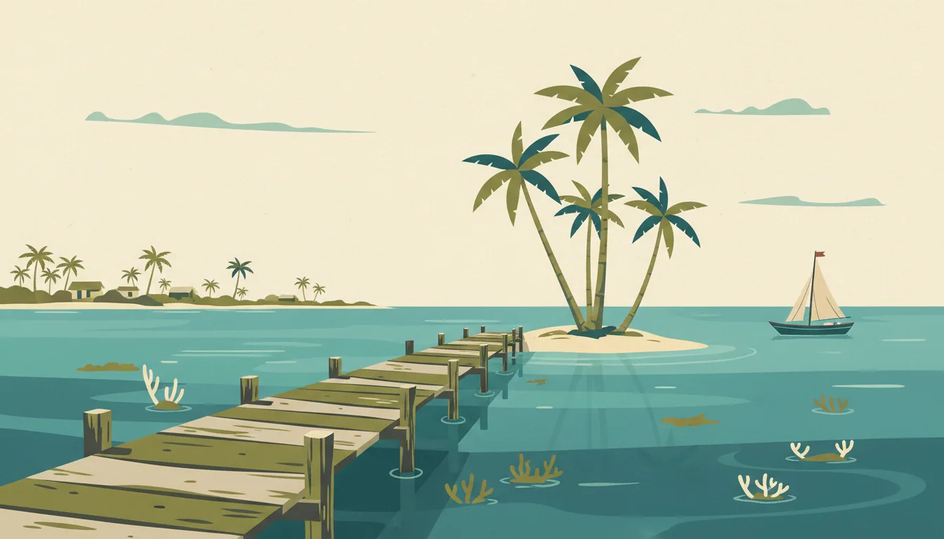Editorial illustration of caye Caulker: a wooden dock on a turquoise reef lagoon with palms and a sailing boat.