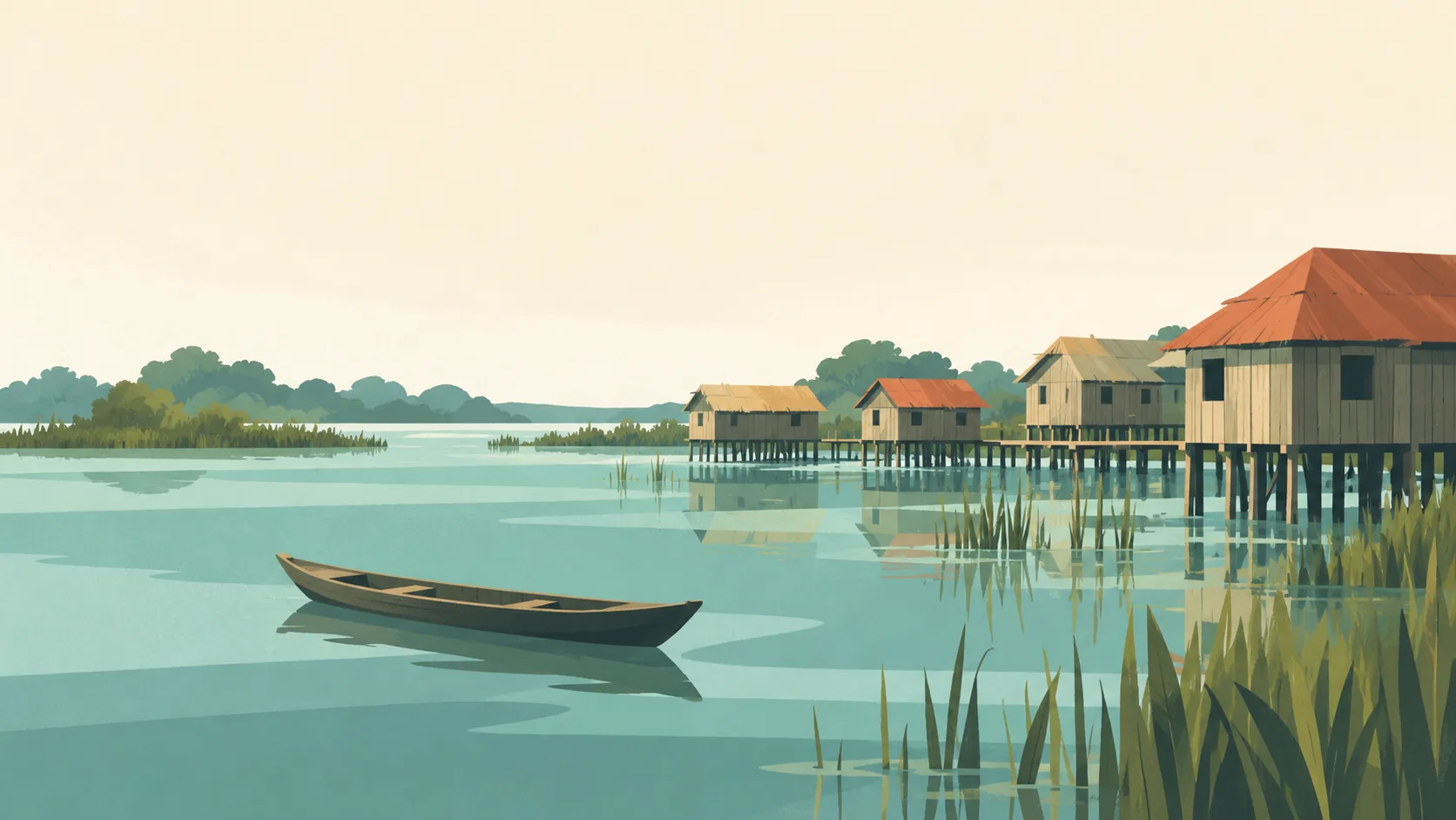 Editorial illustration of Benin's Ganvié lake village: a small cluster of simple wooden stilt houses above pale teal Lake Nokoué, one unoccupied narrow pirogue and soft green reeds, muted terracotta roof accent.