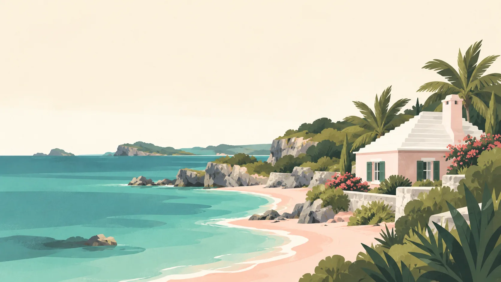 Editorial illustration of Bermuda: one pale pink limestone cottage with a stepped white rain-catching roof, soft garden foliage, a restrained pink-sand cove and muted teal Atlantic water.