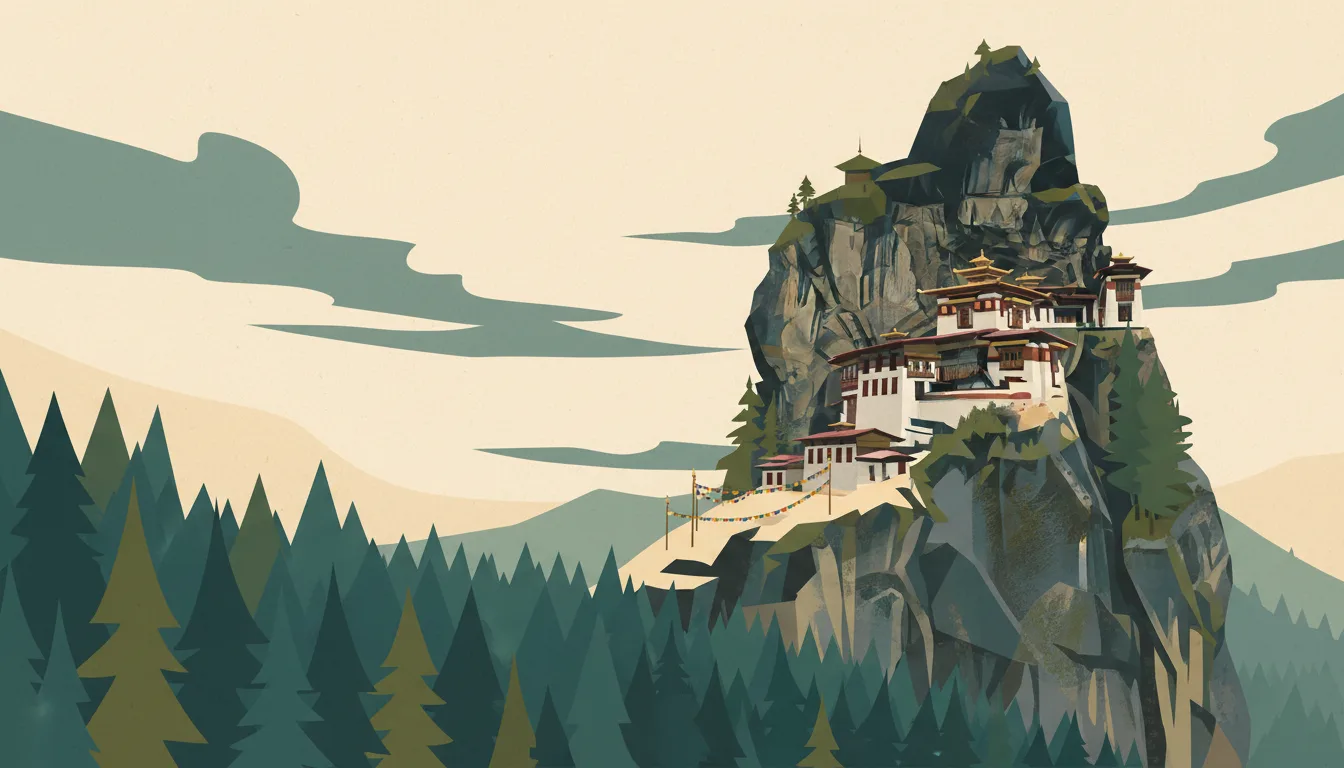 Editorial illustration of the Tiger's Nest monastery on its cliff above pine forest with prayer flags.