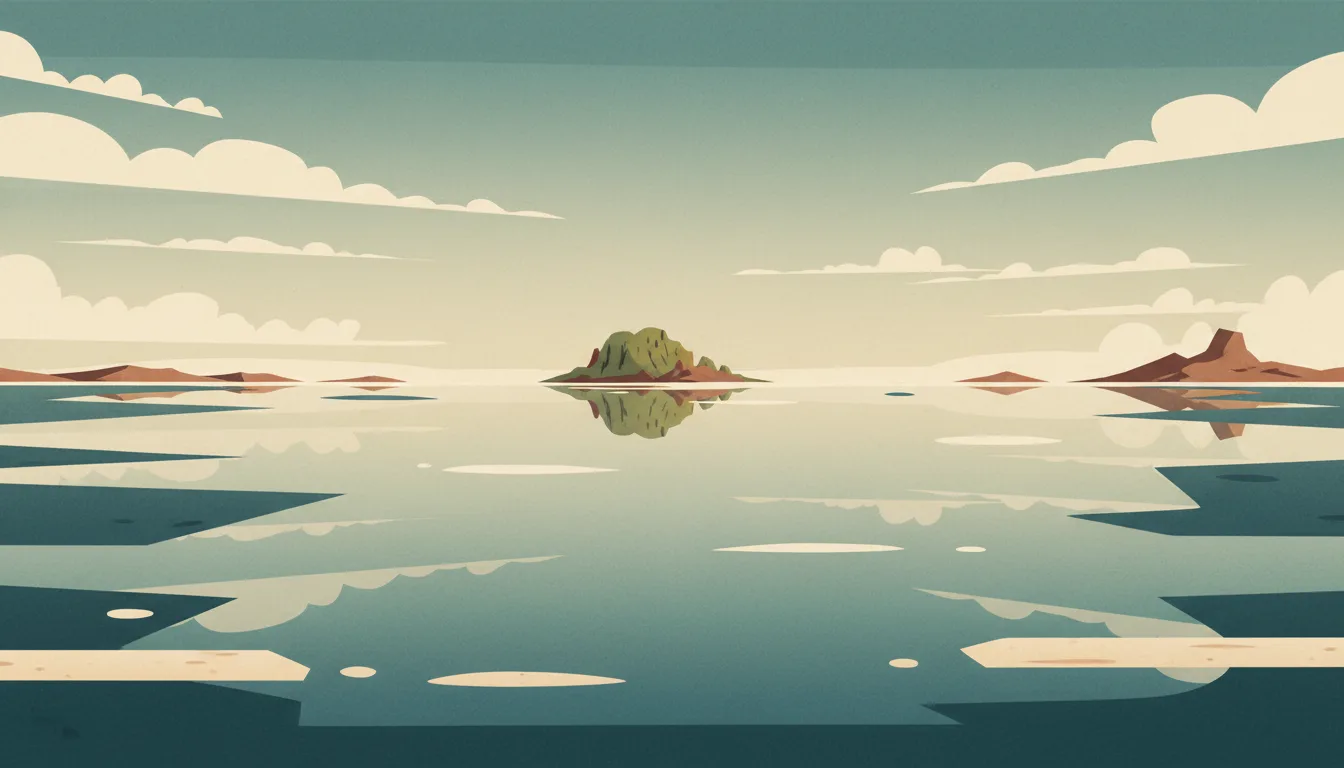 Editorial illustration of the Salar de Uyuni mirroring the sky in the wet season with a cactus island.