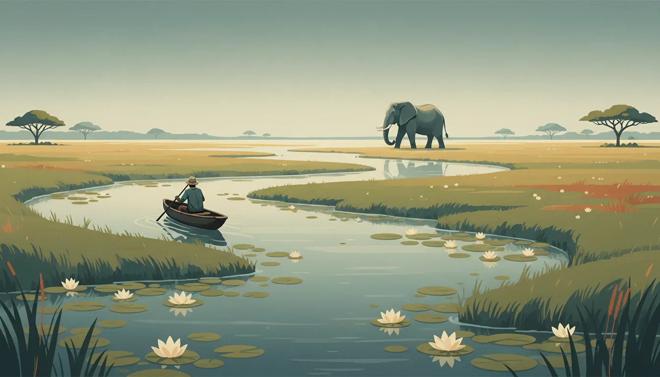 Editorial illustration of a mokoro canoe on an Okavango papyrus channel with an elephant crossing.