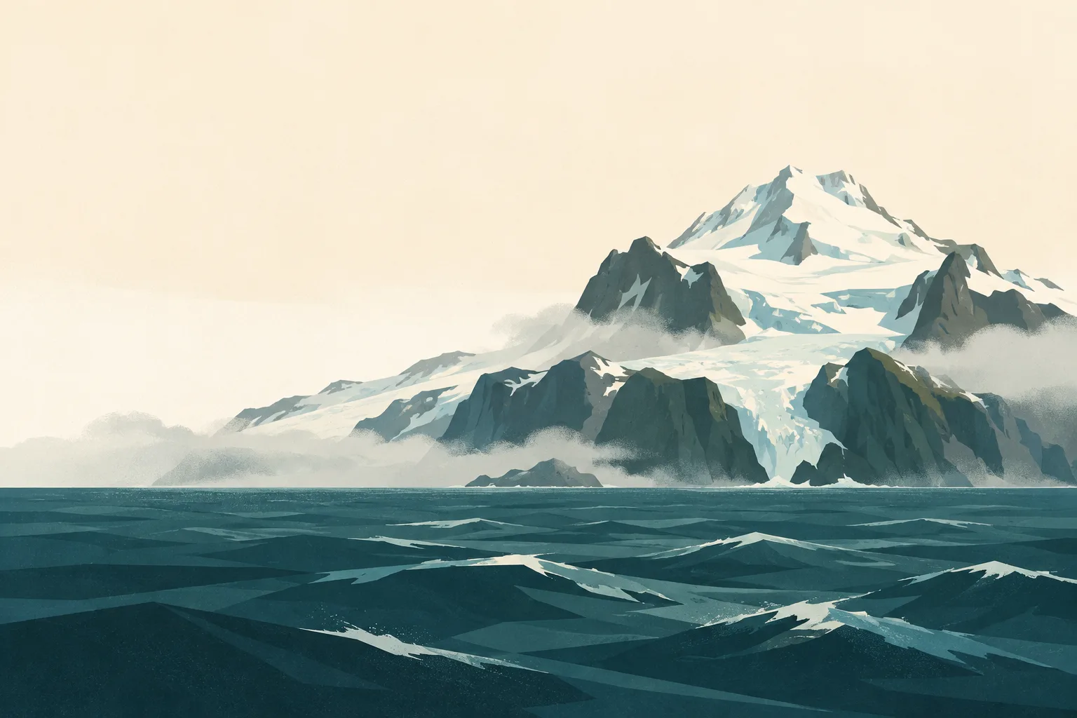 Editorial illustration: A solitary steep glacier-covered volcanic Bouvet Island above a dark teal Southern Ocean, black cliff edges and mist. No settlement or palm trees.