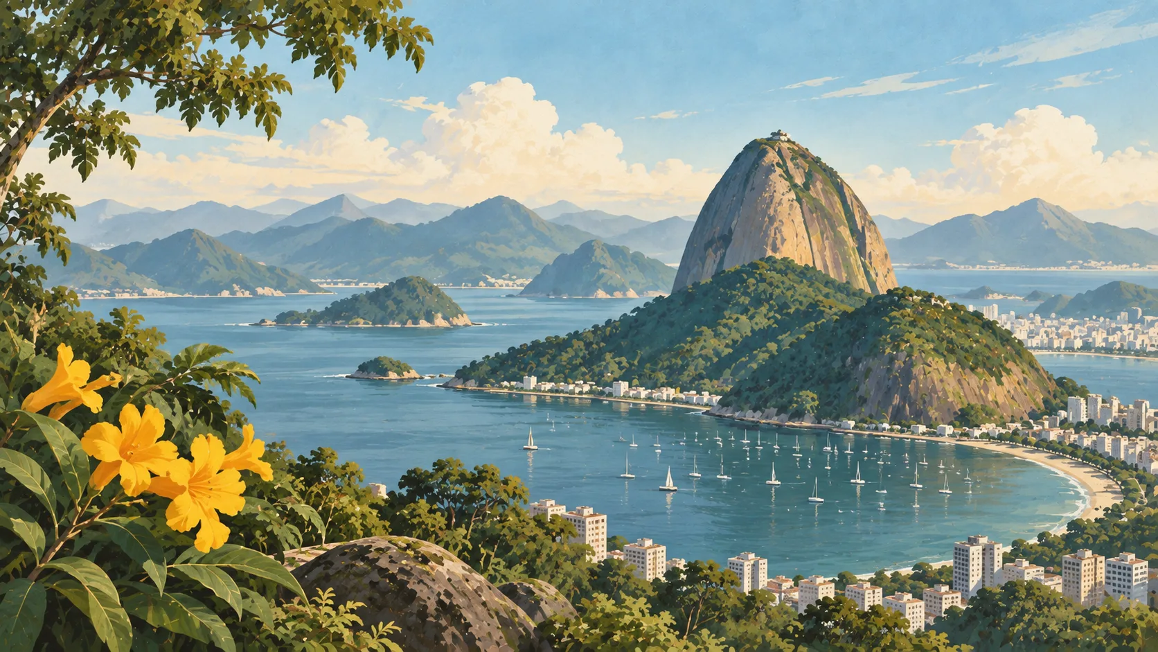 Editorial illustration of Sugarloaf Mountain, Guanabara Bay, Atlantic forest and golden trumpet flowers in Rio de Janeiro.