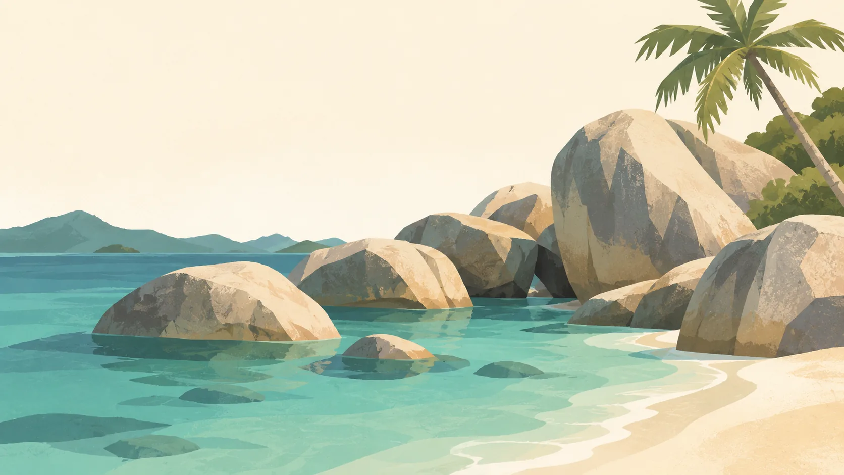 Editorial illustration of The British Virgin Islands' Baths on Virgin Gorda: a few immense rounded pale granite boulders framing a clear muted-teal pool, soft sand and one restrained palm.