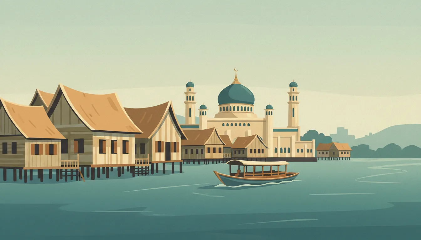 Editorial illustration of kampong Ayer: stilt houses on the Brunei river with a wooden water taxi and the mosque dome behind.