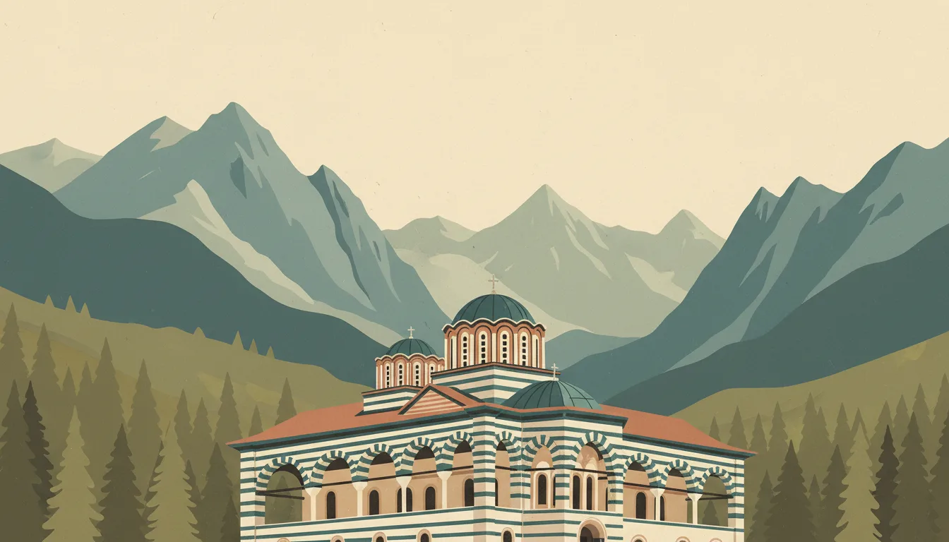 Editorial illustration of the striped arcades of Rila Monastery in a pine forest valley.