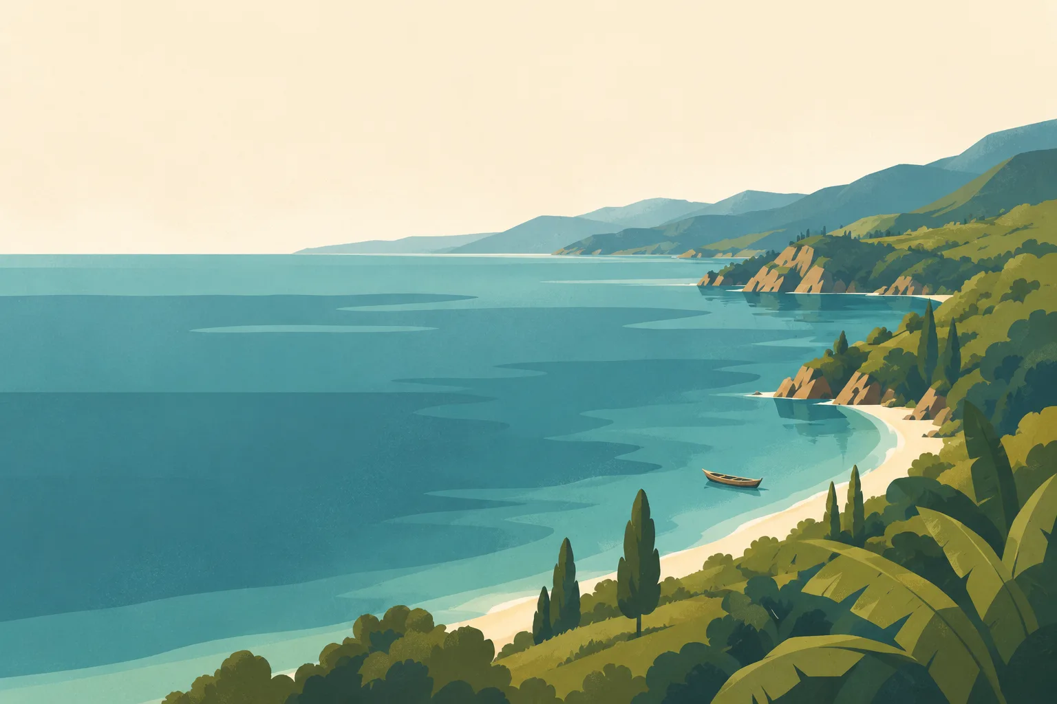 Editorial illustration: Lake Tanganyika seen from a green Burundian hillside, a narrow sandy shore and one small wooden fishing boat.