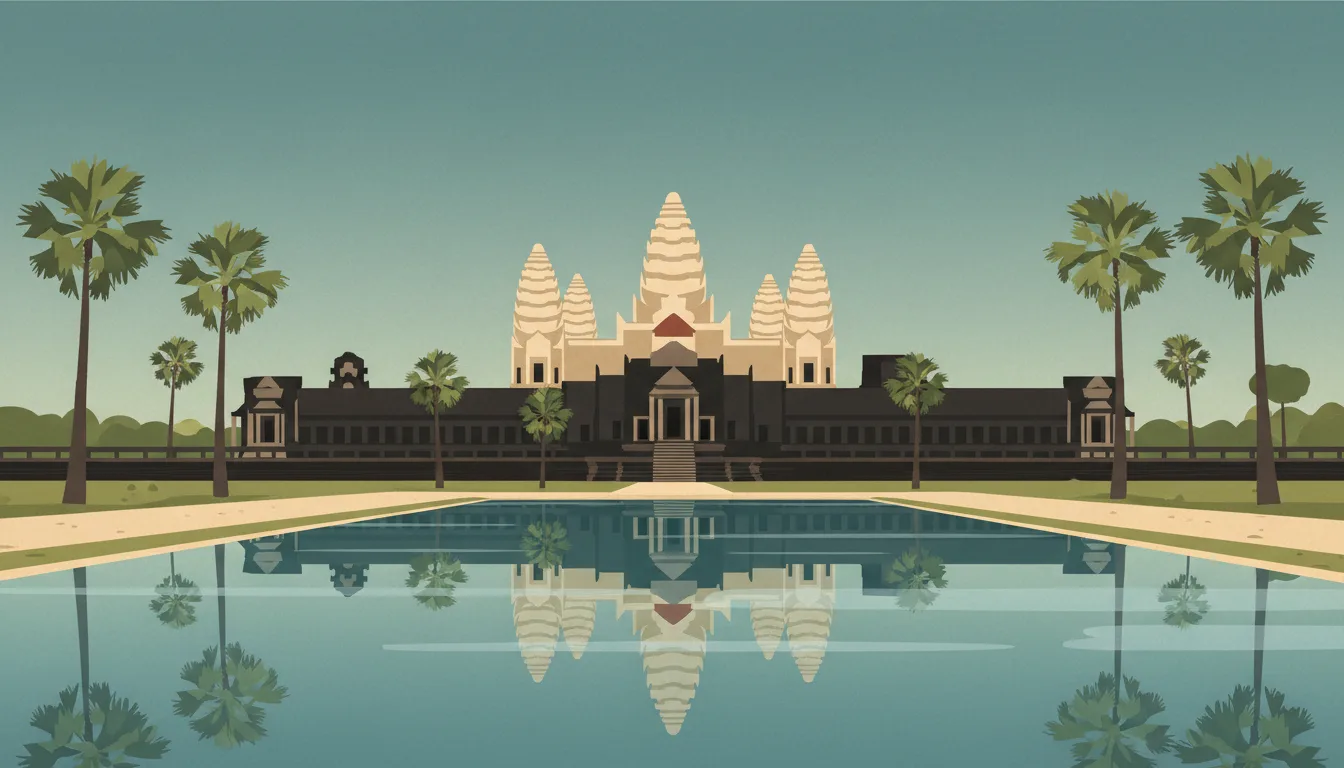 Editorial illustration of Angkor Wat's five towers across a reflecting pool framed by sugar palms.