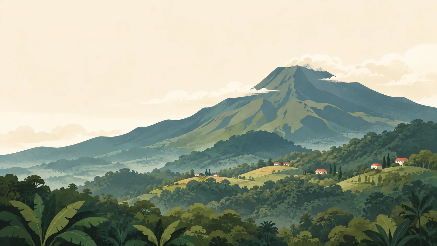 Editorial illustration of Mount Cameroon rising as one broad volcanic green mass above Buea's forested foothills, a few modest red-roofed houses and soft cloud.