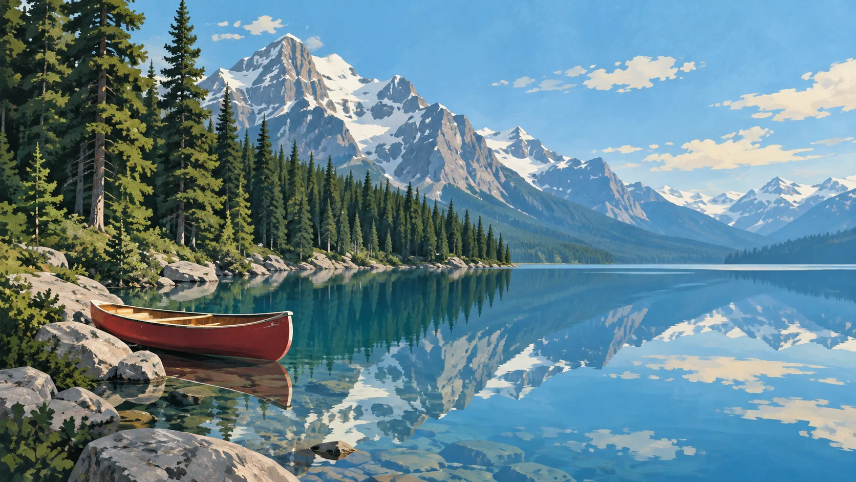 Editorial illustration of Canadian mountain lakes, evergreen forest, a canoe and snow peaks.