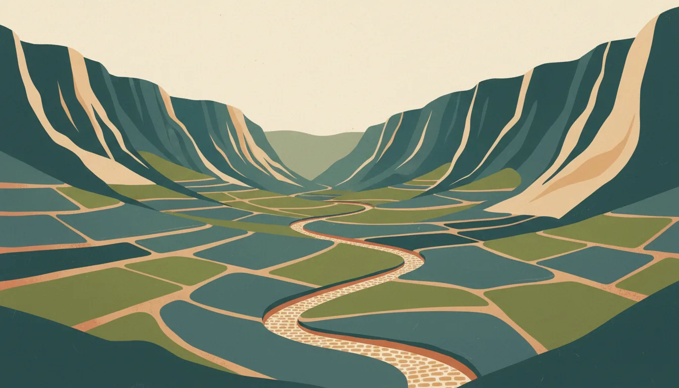 Editorial illustration of santo Antao: terraced green ribeira valleys between sheer basalt ridges, one cobbled mountain road.