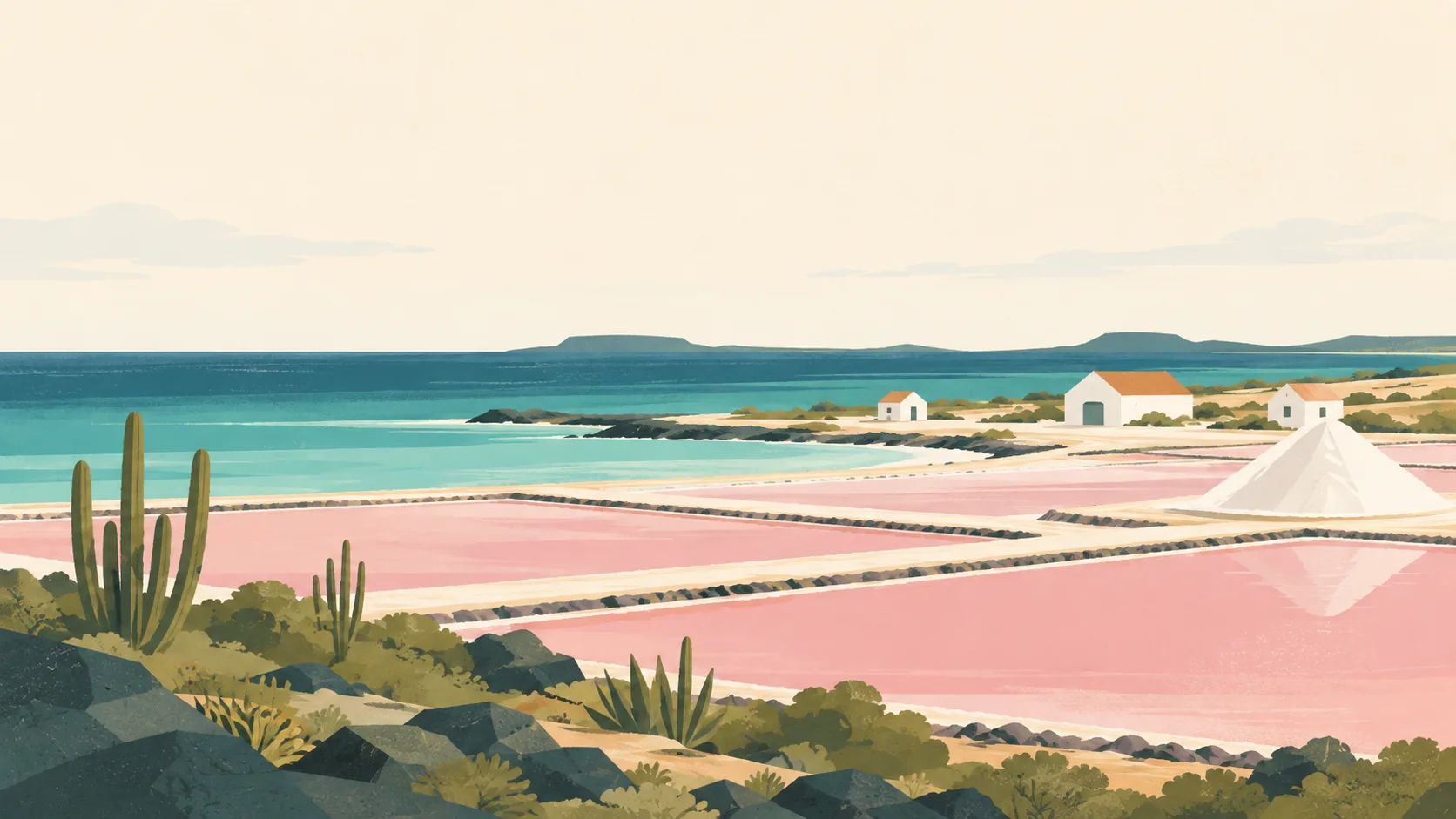 Editorial illustration of Bonaire in the Caribbean Netherlands: broad pink salt pans, one low white salt mound and a few restrained white historic coastal structures, quiet teal sea and low dry scrub.