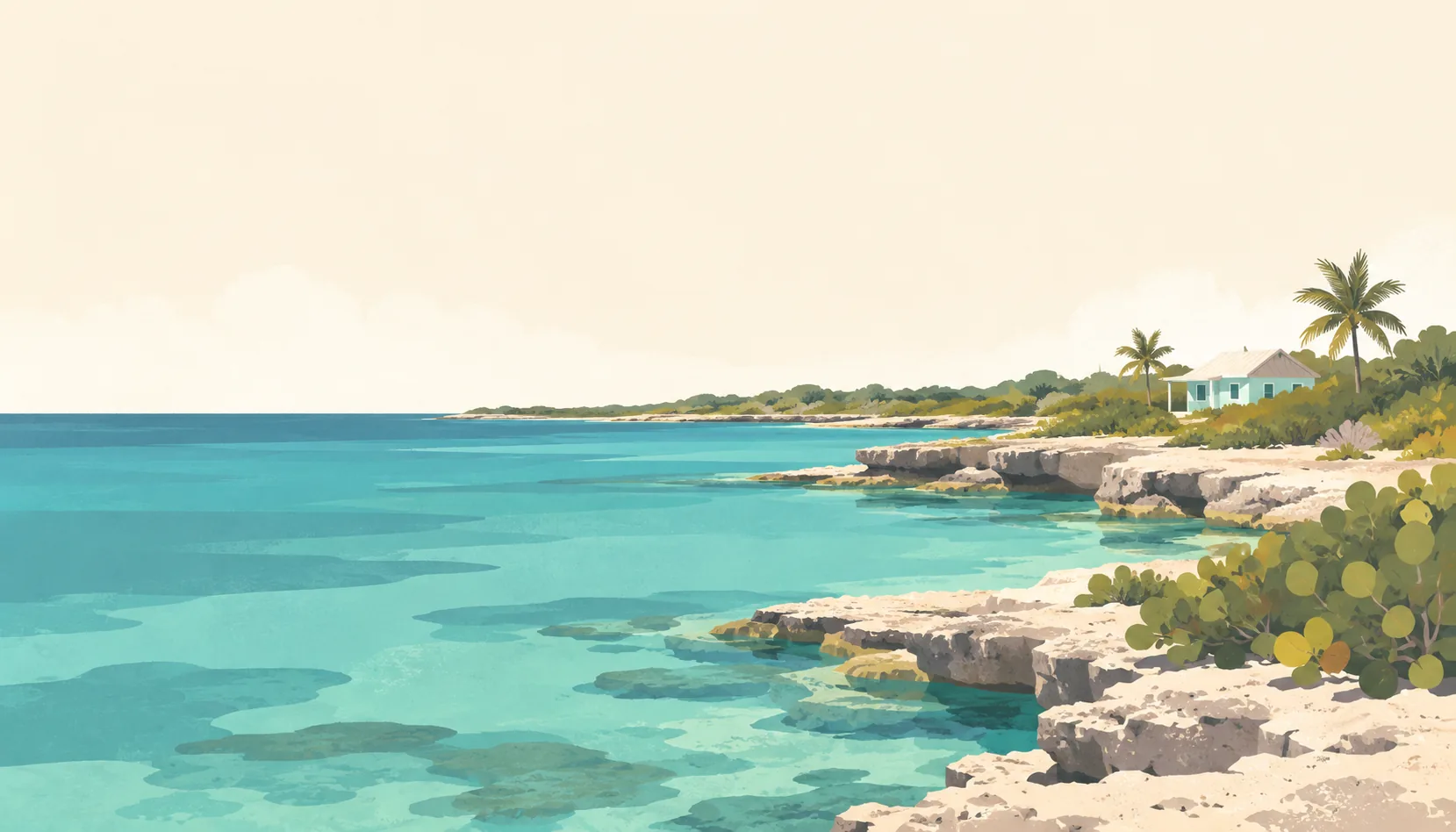 Editorial illustration of The Cayman Islands: Grand Cayman's quiet East End coast, pale limestone ironshore, low sea-grape shrubs, a small pastel cottage and broad calm lagoon water.