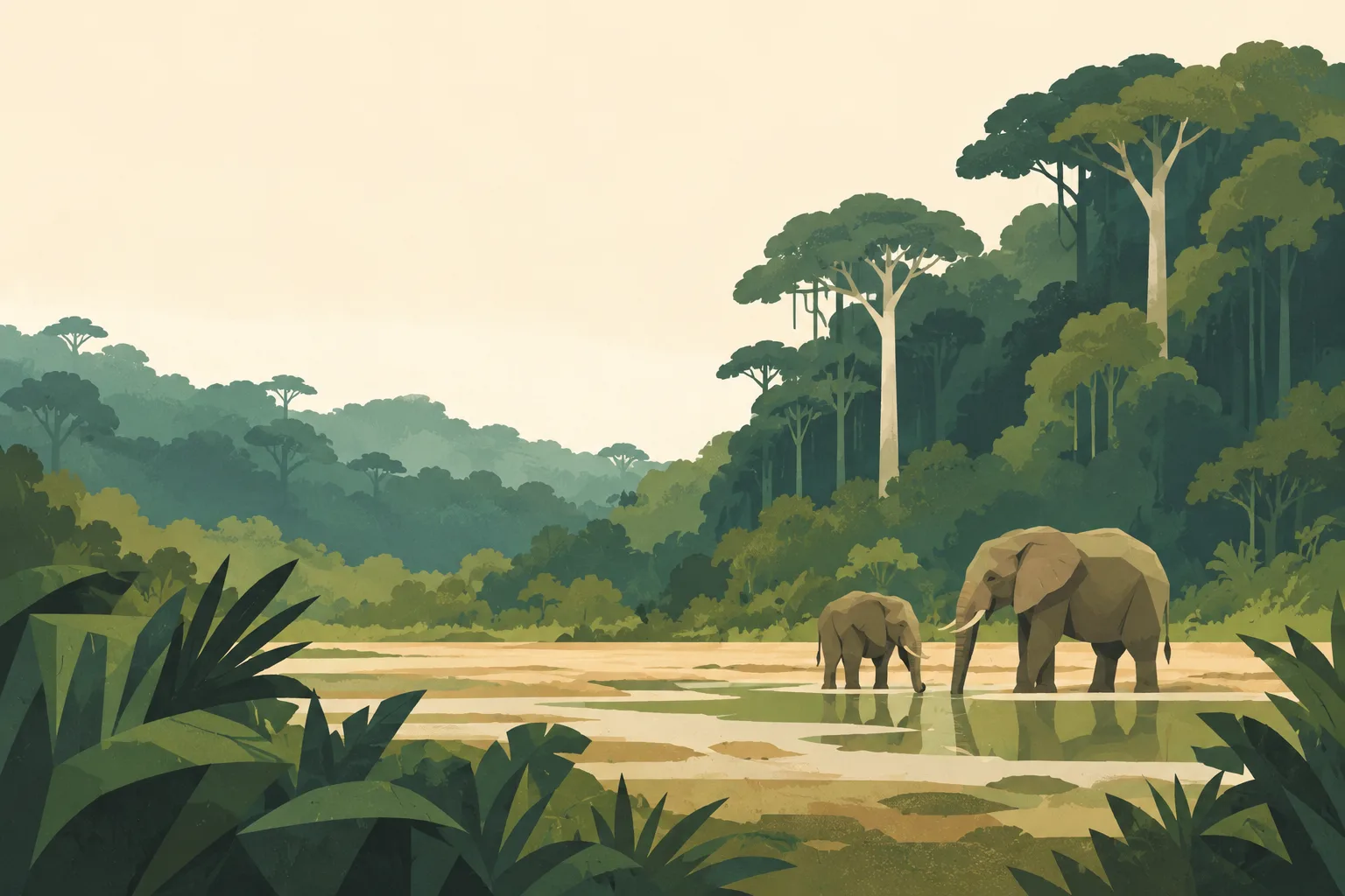 Editorial illustration: Dzanga forest clearing in the Central African Republic: two small forest elephants at a mineral clearing framed by broad deep olive rainforest shapes.