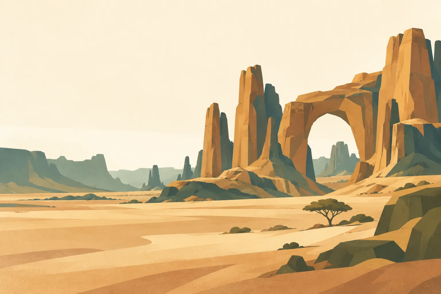 Editorial illustration: Sandstone towers and rock arches in Chad's Ennedi plateau, a tiny acacia and broad desert foreground, muted warm ochre and olive shadows.
