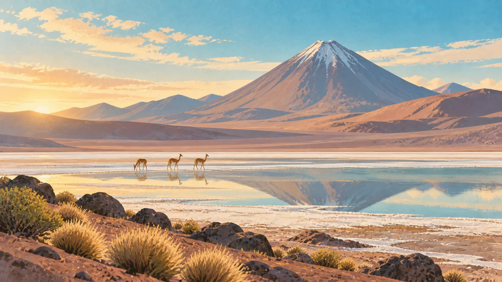 Editorial illustration of Licancabur volcano above an Atacama salt lagoon with vicuñas and ochre high-desert earth.