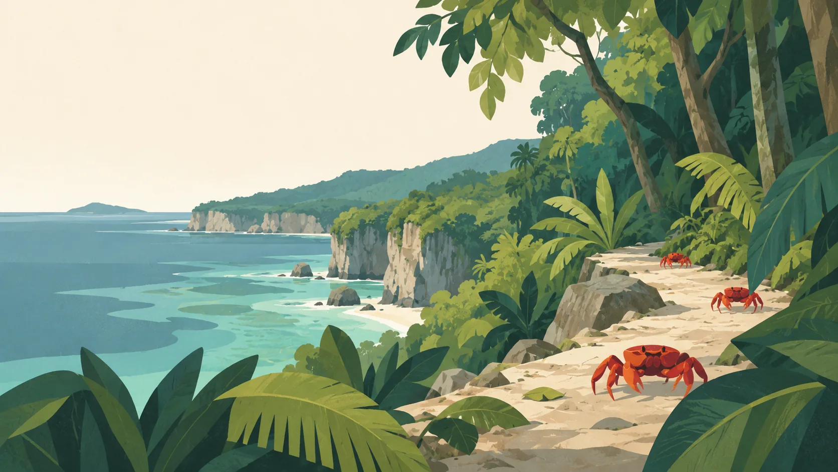 Editorial illustration of Australia's Christmas Island: a few bright but restrained red crabs on a quiet pale forest path, broad deep-green rainforest leaves and a glimpse of limestone coast.