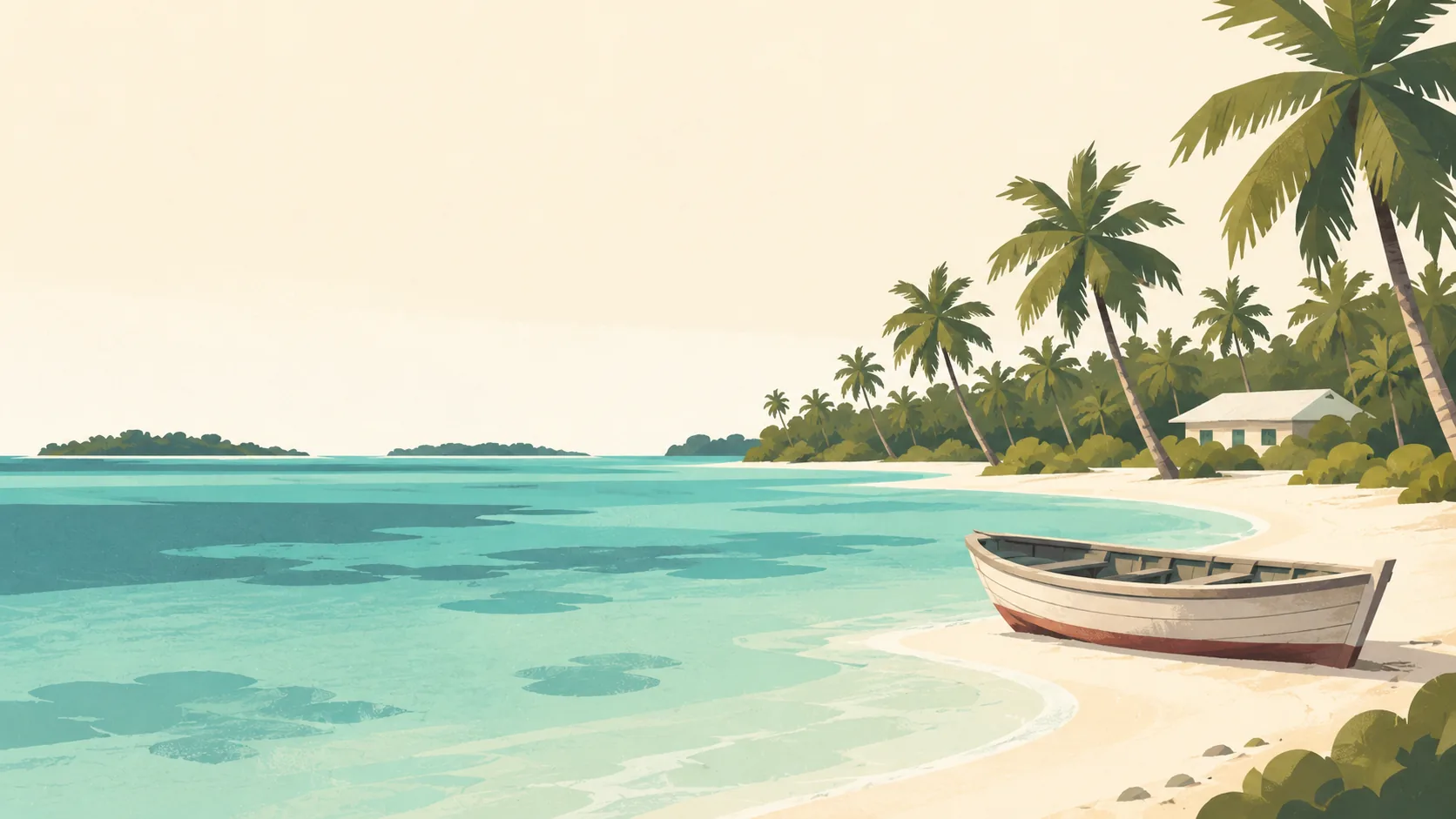 Editorial illustration of The Cocos (Keeling) Islands: a traditional unoccupied wooden boat on Home Island's pale lagoon shore, low coconut palms, a simple small island house and broad muted-turquoise water.