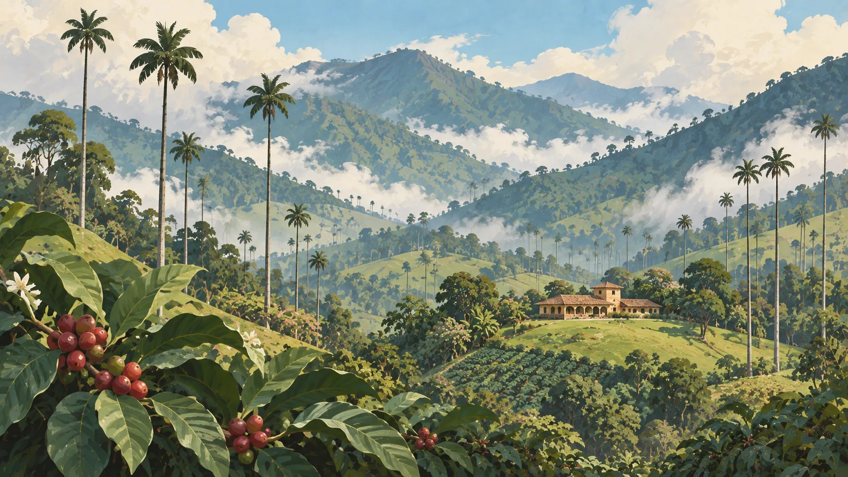 Editorial illustration of Colombia's wax-palm coffee highlands, misty green mountains, a hacienda and ripe coffee berries.