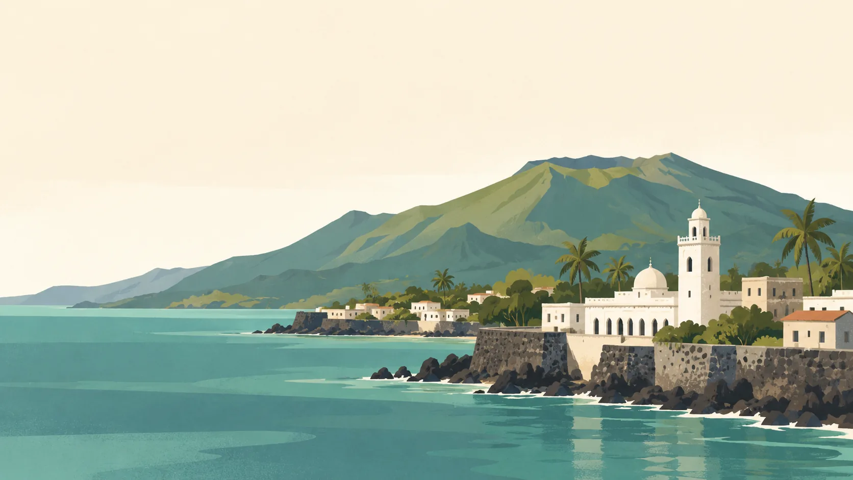 Editorial illustration of Comoros' old Moroni waterfront, one white mosque with square minaret, a few low lava-stone houses, muted teal Indian Ocean and Mount Karthala's broad green slope behind.