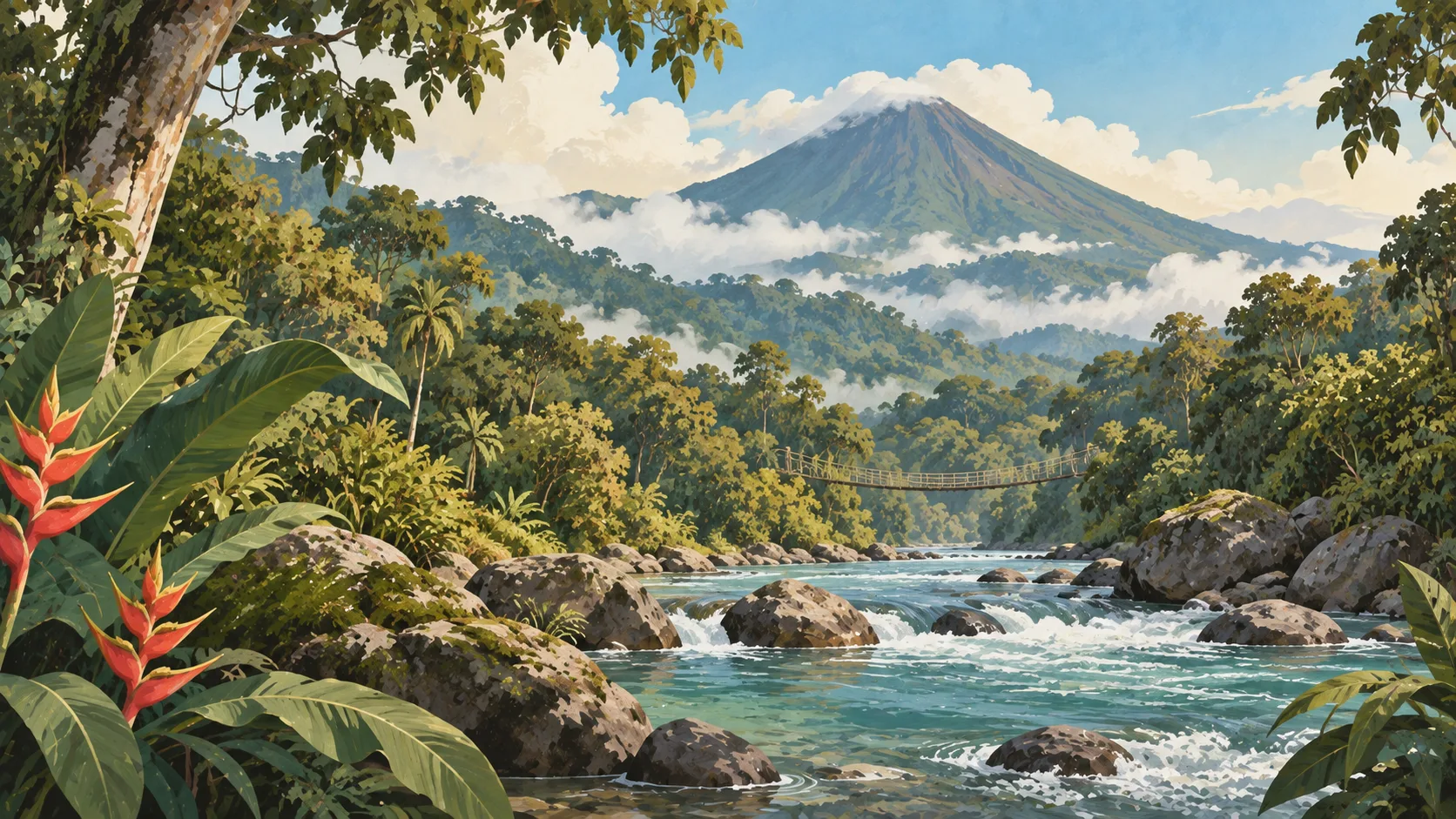 Editorial illustration of Costa Rican cloud forest, Arenal volcano, a clear river, footbridge and red heliconia.