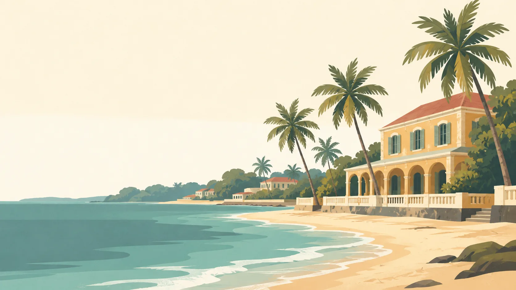 Editorial illustration of Côte d'Ivoire's Grand-Bassam: one faded colonial ochre house with shaded veranda, a restrained row of coconut palms and warm sand with muted Atlantic water.