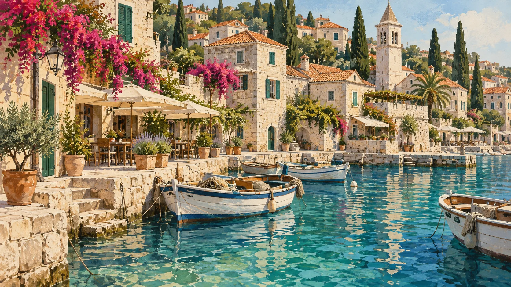 Editorial illustration of a Croatian Adriatic harbor with limestone houses, terracotta roofs, small boats, and turquoise water.