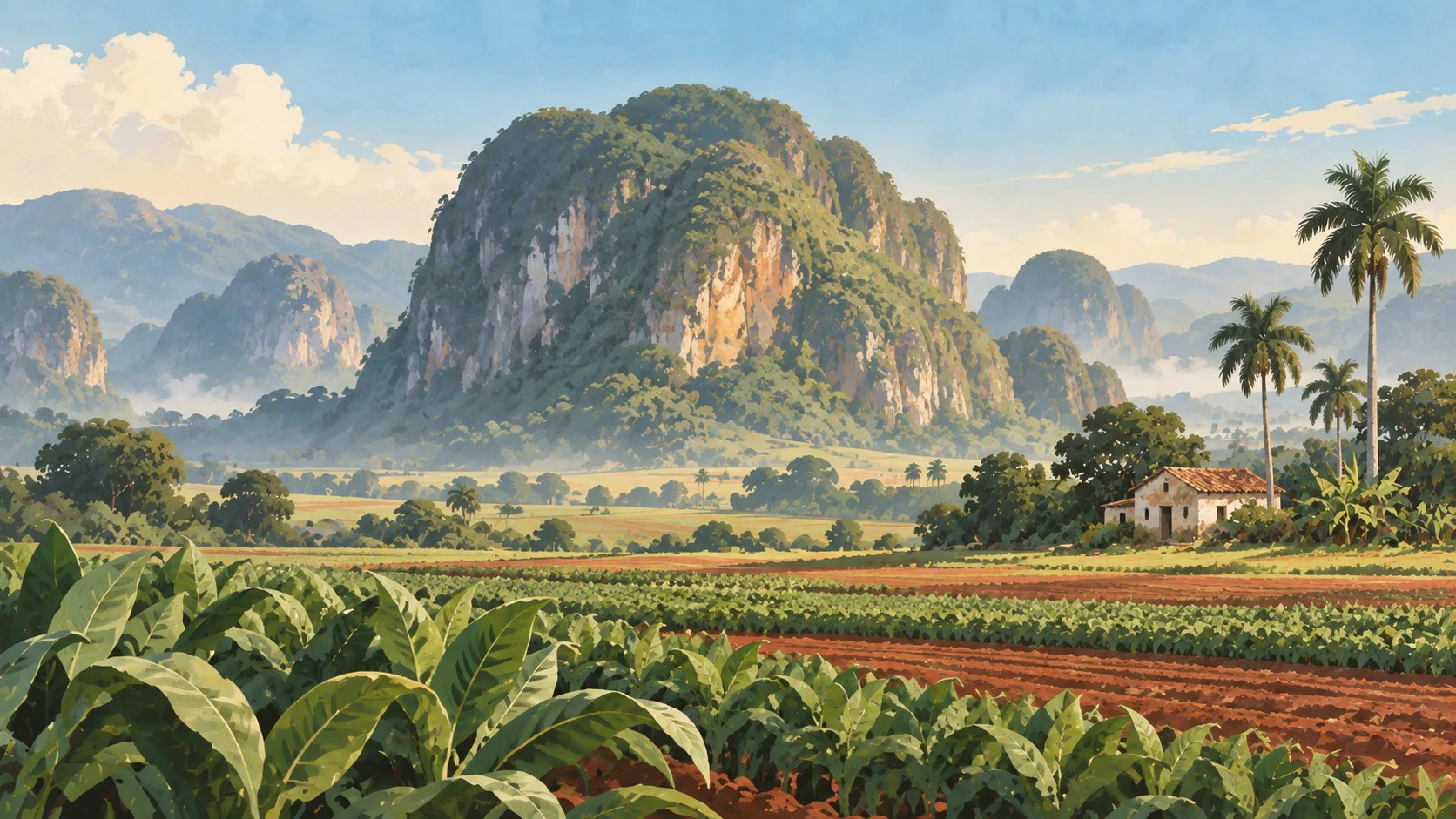 Editorial illustration of Viñales Valley's limestone mogotes, red-earth tobacco fields, royal palms and a farmhouse.