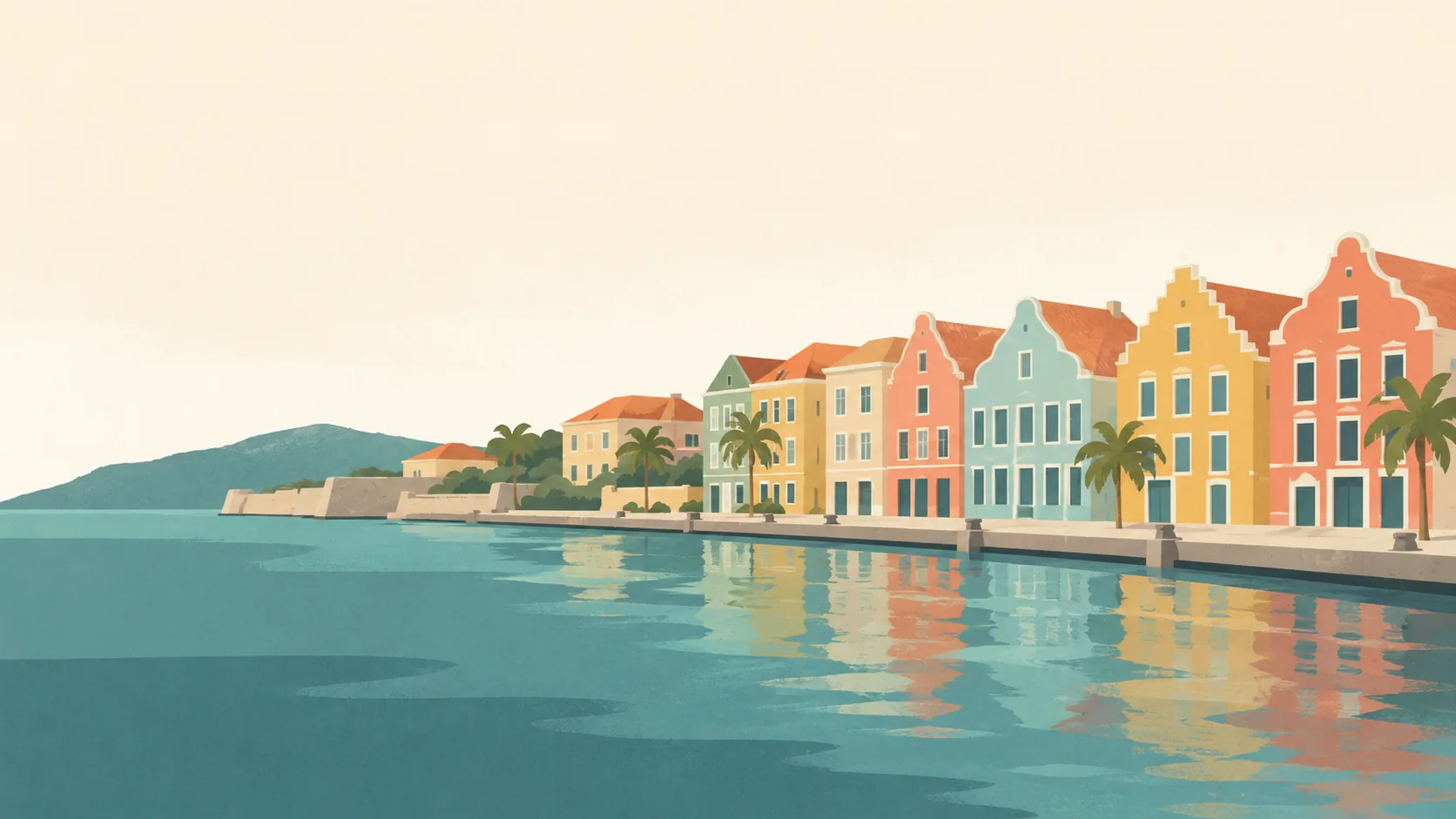 Editorial illustration of Curaçao's Willemstad: a few pastel Dutch-Caribbean gabled houses along the Handelskade waterfront, muted ochre and coral accents, a quiet harbour and pale sky.
