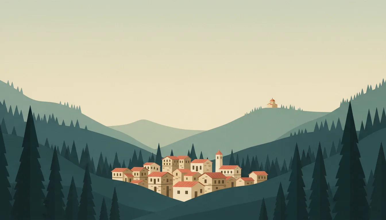 Editorial illustration of stone-and-timber Troodos village houses, pine slopes and a small Byzantine chapel.
