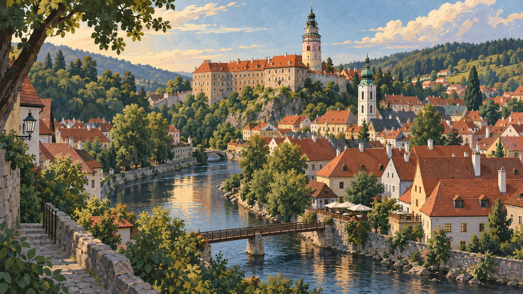 Editorial illustration of a Czech hill town, red roofs, forest and a castle above a river.