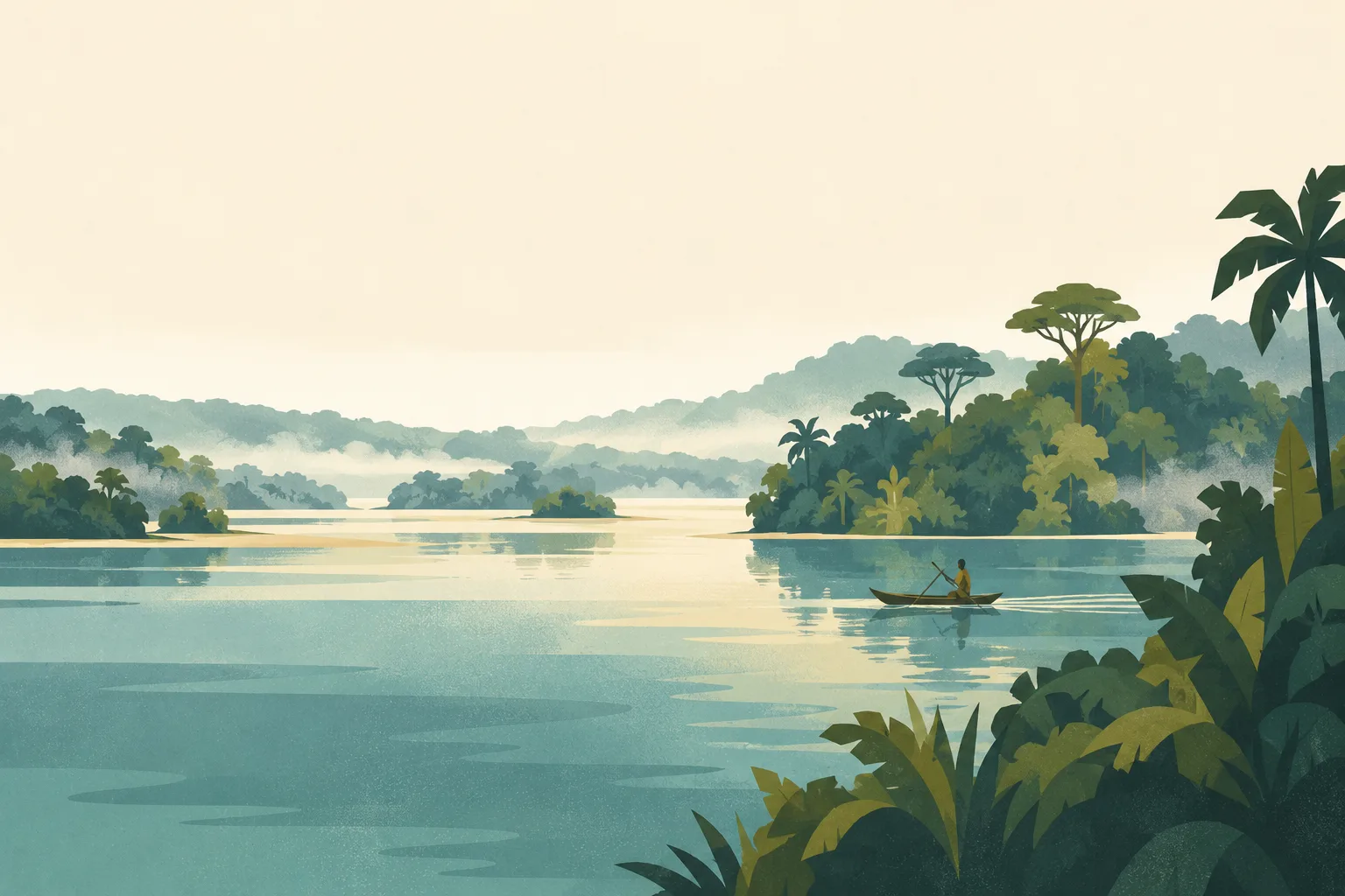 Editorial illustration: The broad Congo River near Kisangani with green forest islands, low mist and a single wooden river canoe, quiet equatorial landscape.