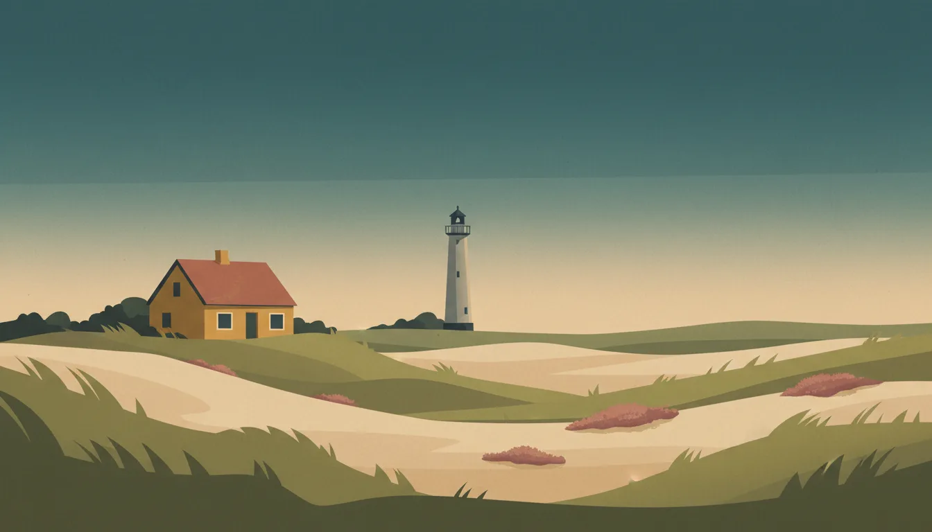 Editorial illustration of a yellow ochre Skagen house with a red tile roof, grassy dunes and a grey lighthouse.
