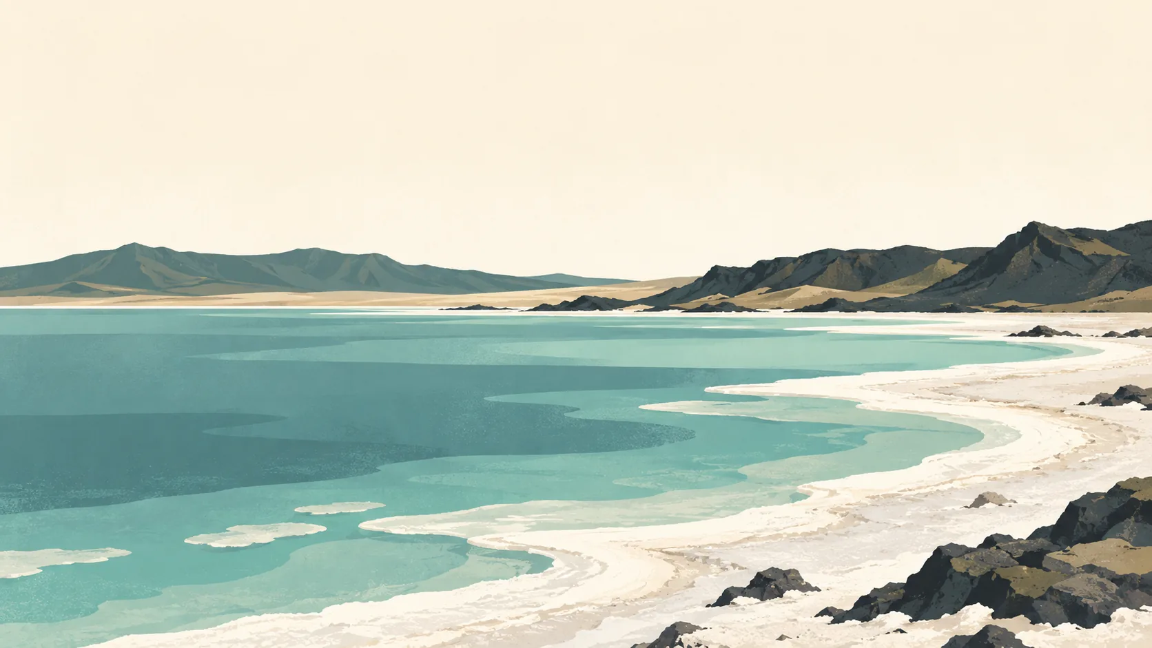 Editorial illustration of Djibouti's Lake Assal: a wide pale salt shore curving around a muted teal lake, dark low volcanic rock and a calm cream sky.