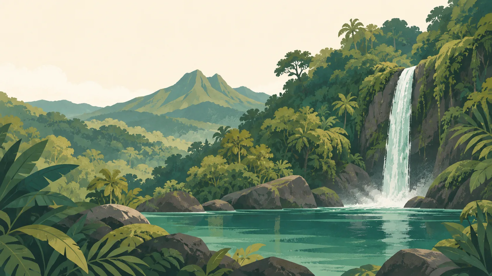 Editorial illustration of Dominica's lush rainforest around a deep jade river pool and a single narrow waterfall, broad leaf silhouettes and a subdued volcanic ridge. Dense green inland island.