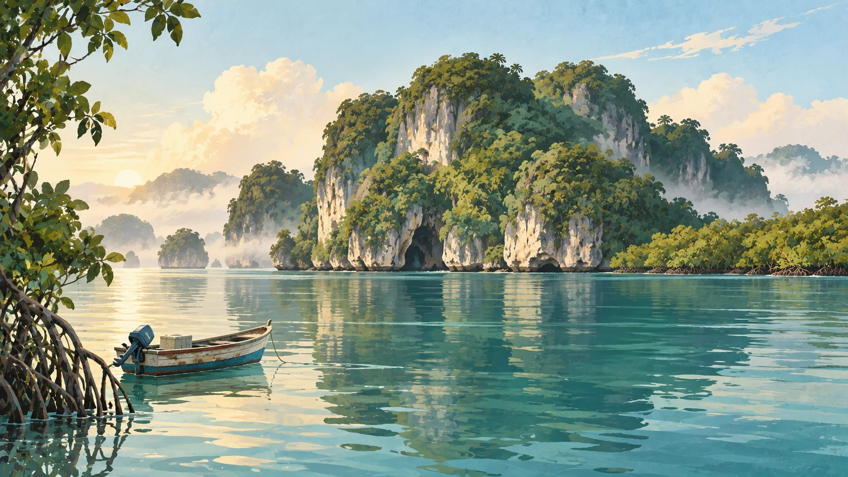 Editorial illustration of forested limestone islets and mangroves reflected in the calm water of Los Haitises.