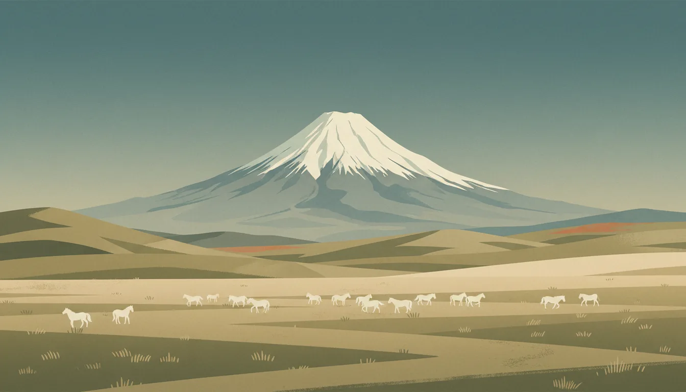 Editorial illustration of Cotopaxi's snow cone over the páramo with wild horses.