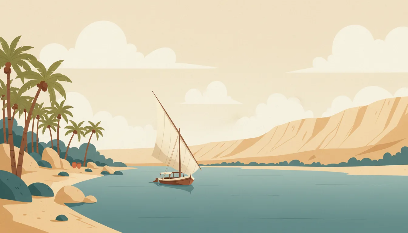 Editorial illustration of a felucca sailing the Nile at Aswan past palm banks, granite boulders and a desert escarpment.