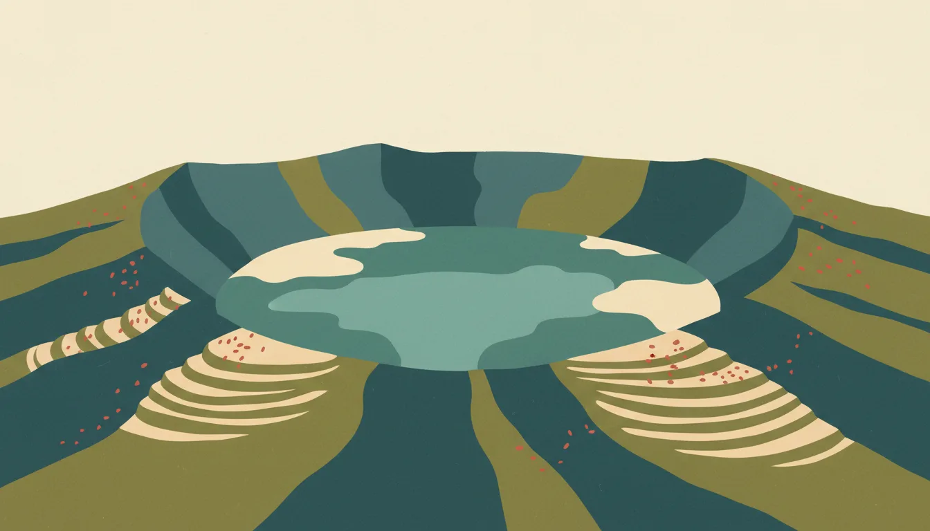 Editorial illustration of santa Ana: the emerald crater lake of Ilamatepec volcano with the caldera rim and coffee slopes.