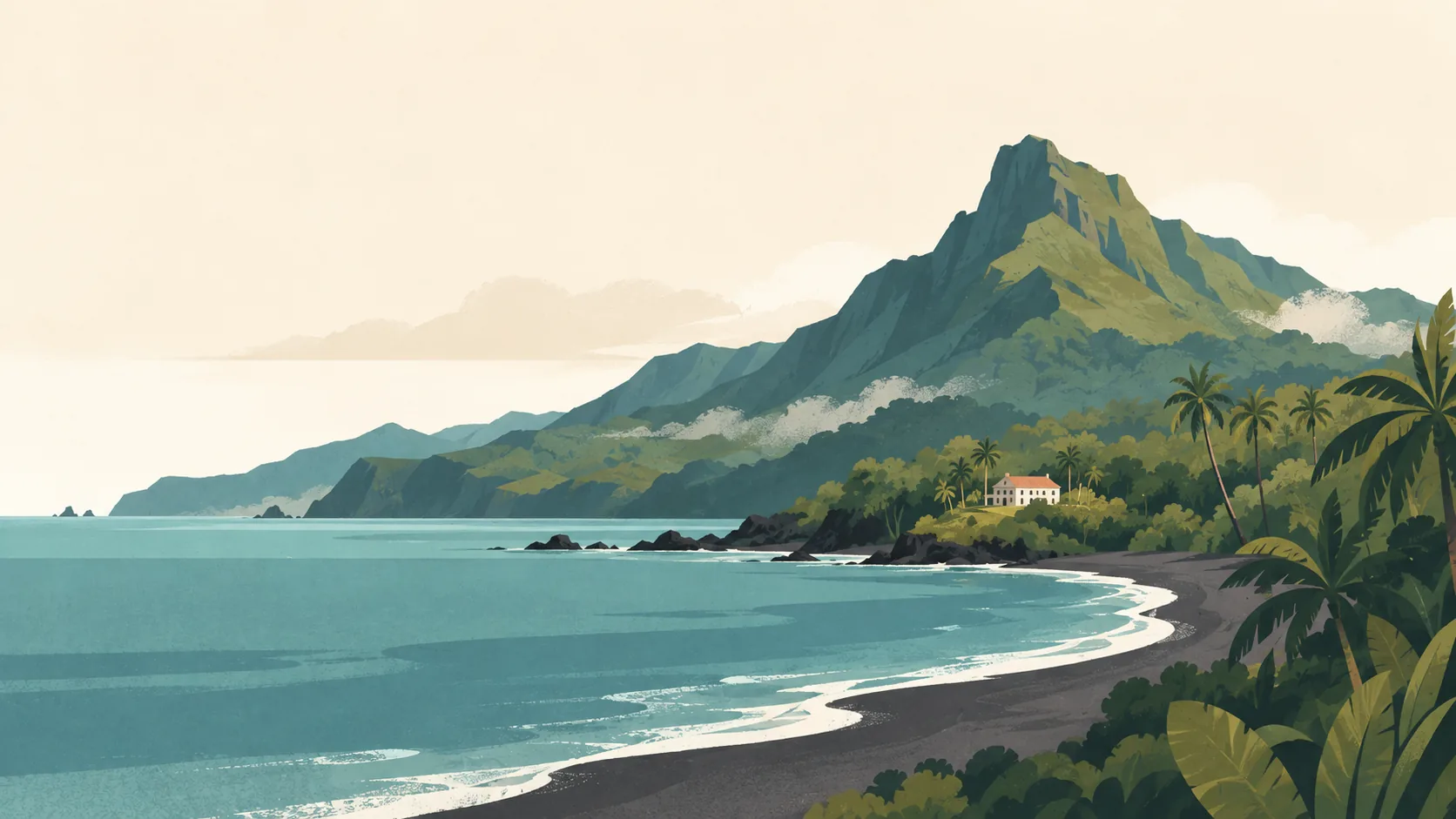 Editorial illustration of Bioko Island in Equatorial Guinea: a deep-green volcanic ridge behind a quiet black-sand coastal bay and one small pale colonial-era house, subdued tropical light.