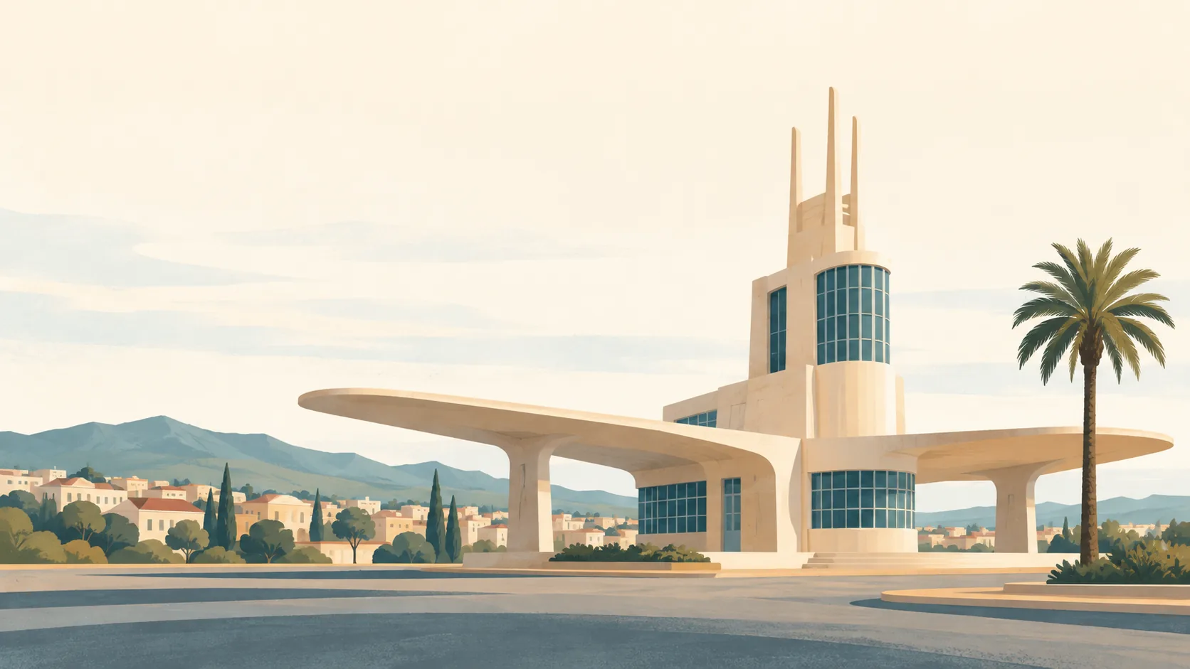 Editorial illustration of Asmara in Eritrea: the distinctive wing-shaped Fiat Tagliero modernist building without any text or lettering, warm pale stone, one palm and quiet highland sky.